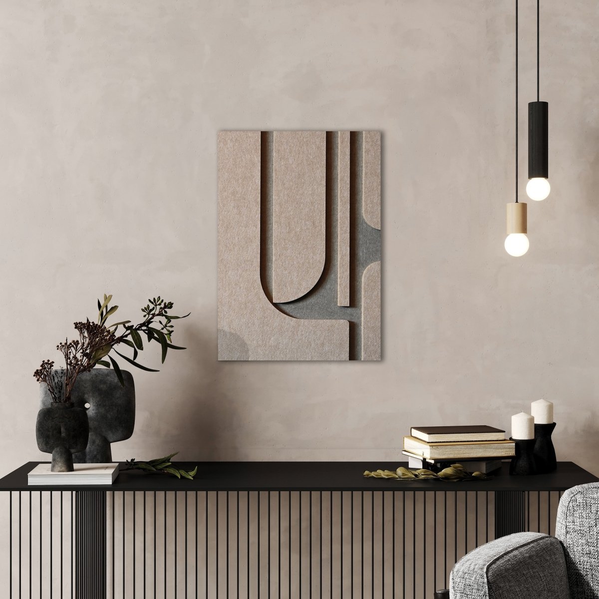 Abstract vilt wanddecoratie - vilten wanddecoratie in de kleur Grey & taupe van Van Tjalle en Jasper